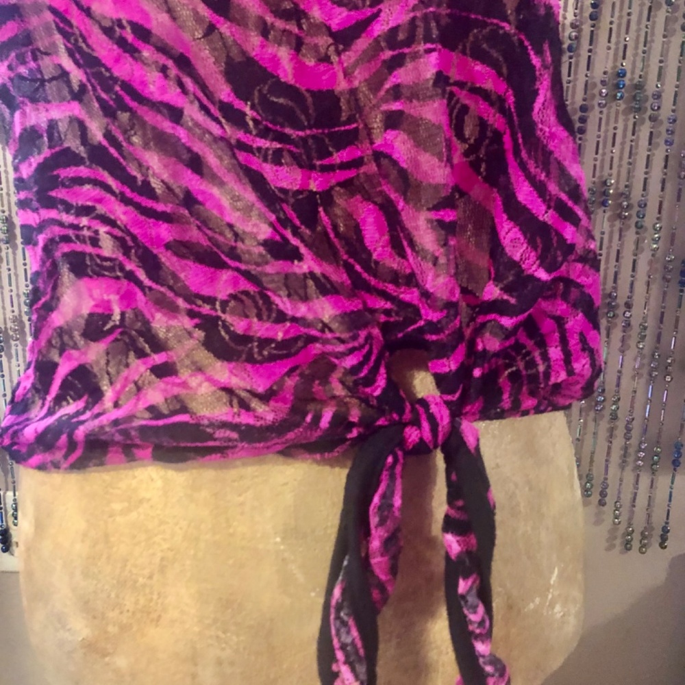 Pink Black Tiger stripe sheer layering T-shirt by deb size large side tie - Picture 3 of 5